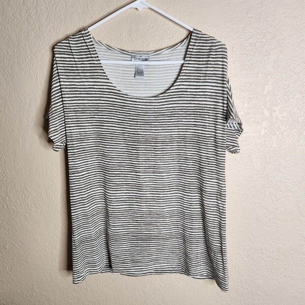 Chico's Travelers Blouse Top Women's Large White Green Striped Acetate Pullover